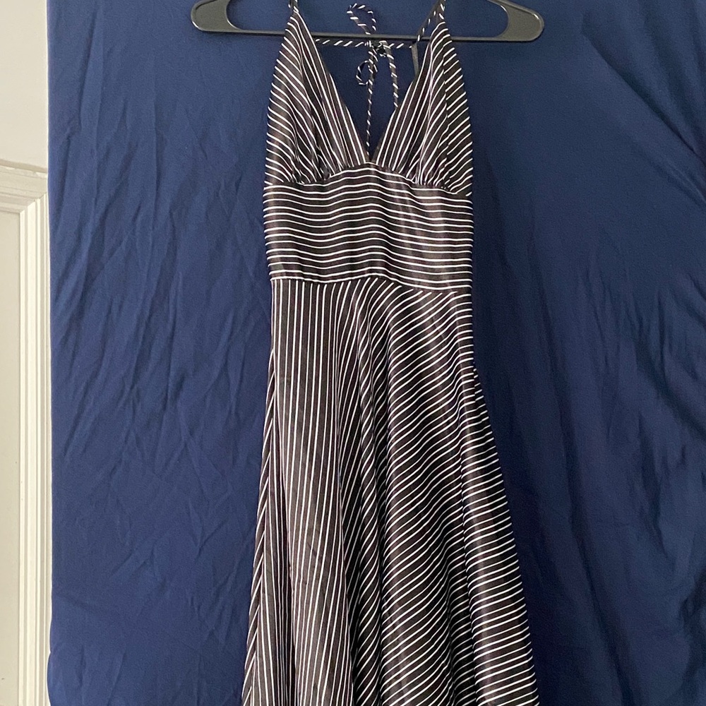 Elegant Black and White Striped Halter Backless Dress